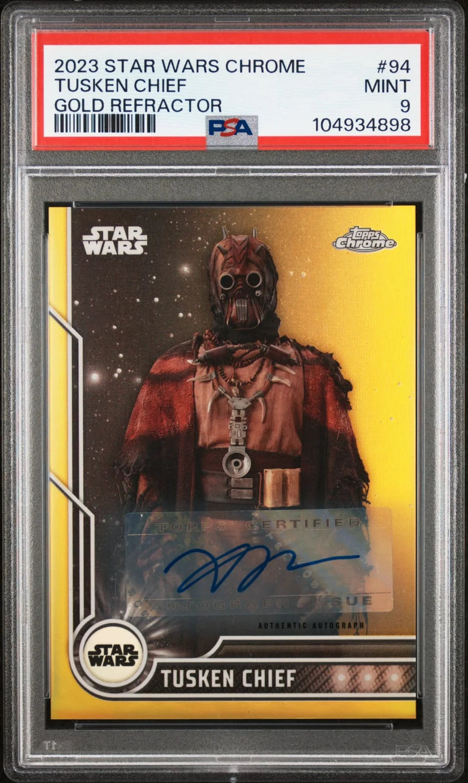 Tusken Chief – 2023 Star Wars Chrome #94 Gold Refractor, numbered 04/50 Authentic Xavier Jimenez PSA 9