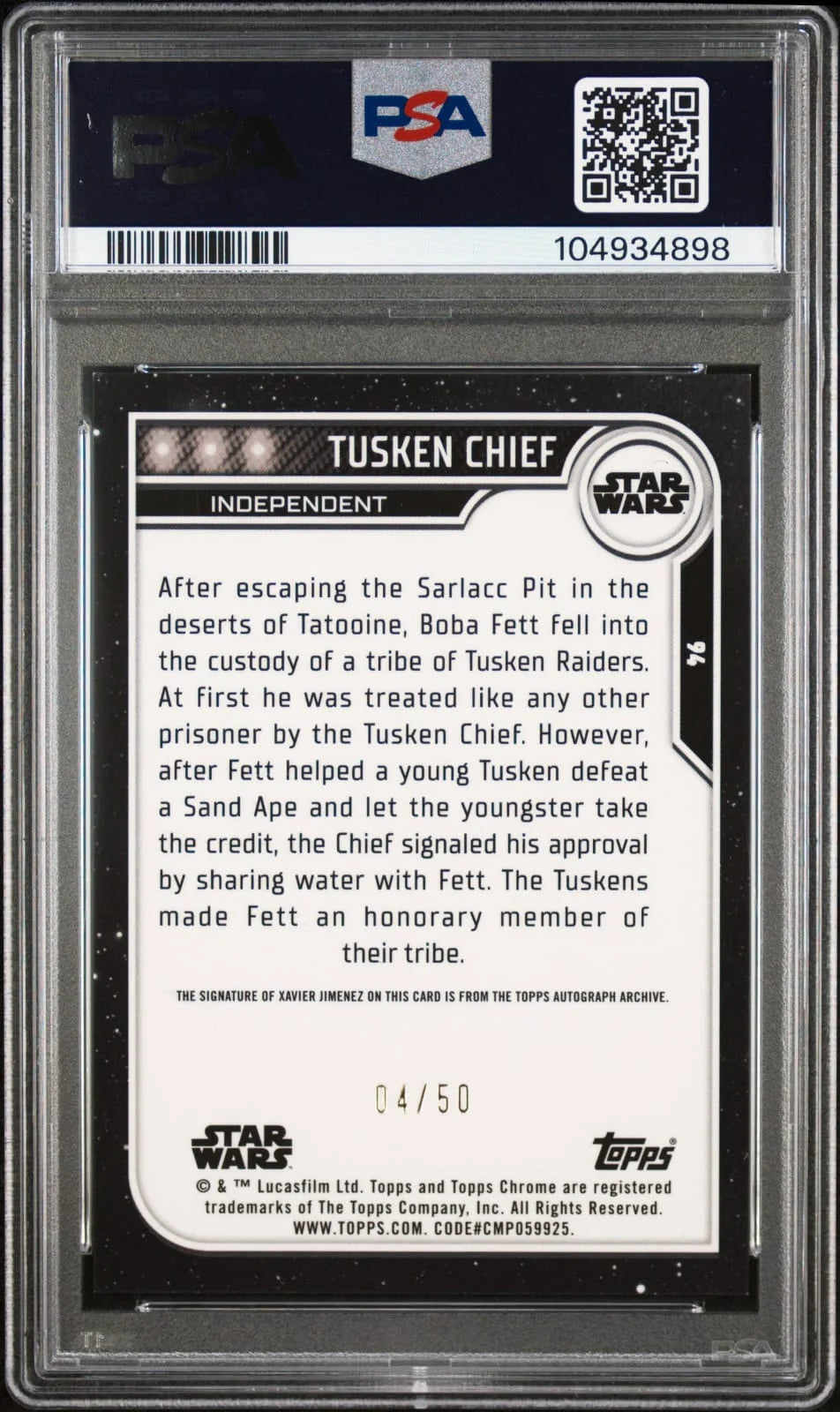 Tusken Chief – 2023 Star Wars Chrome #94 Gold Refractor, numbered 04/50 Authentic Xavier Jimenez PSA 9