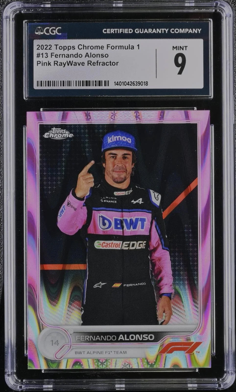 Fernando Alonso - 2022 Topps Chrome Formula 1 #13 Pink RayWave Refractor, numbered 20/75 CGC 9