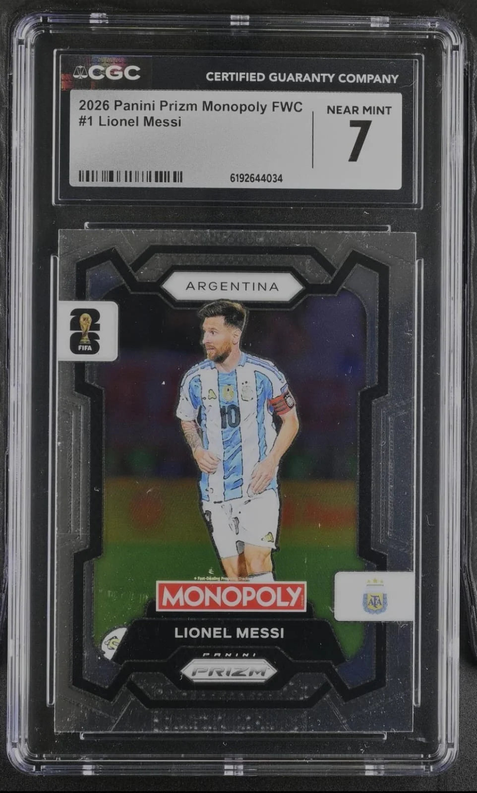 Lionel Messi - 2026 Panini Prizm Monopoly FWC #1, representing Argentina CGC 7