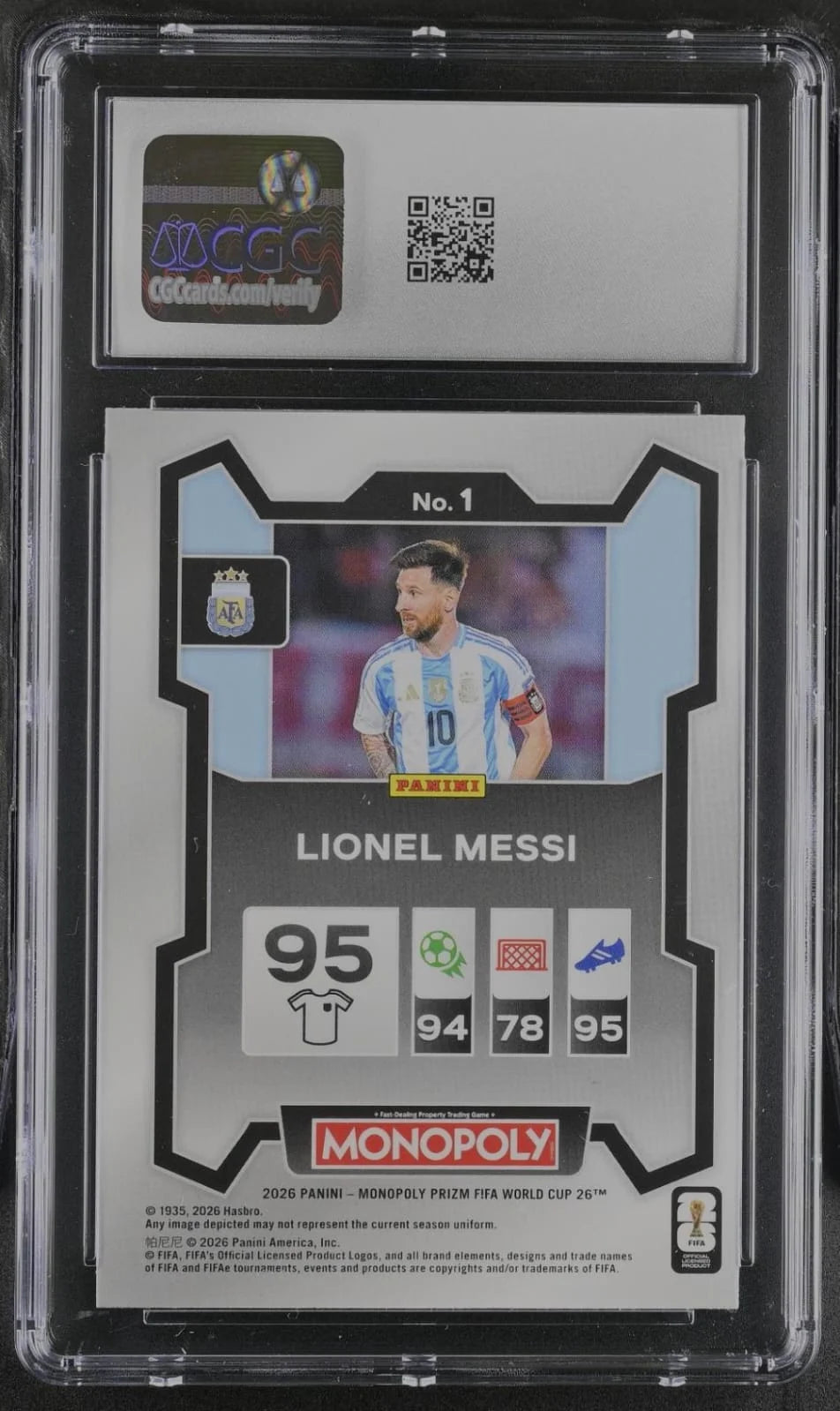 Lionel Messi - 2026 Panini Prizm Monopoly FWC #1, representing Argentina CGC 7