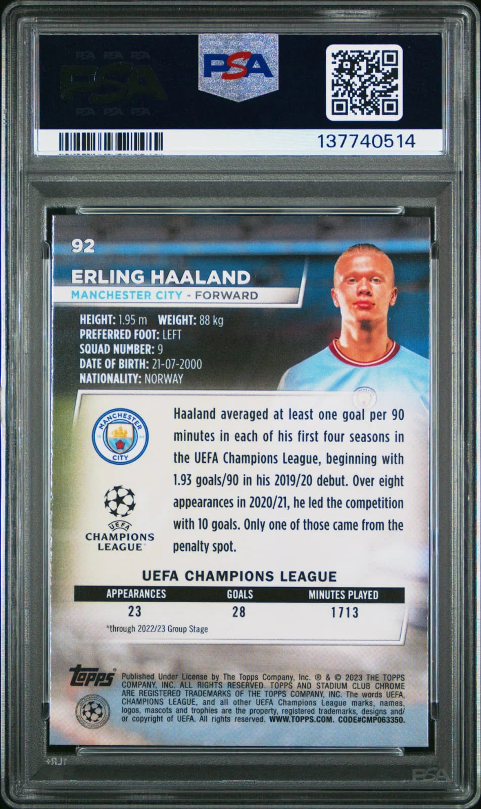 Erling Haaland - 2022–23 Stadium Club Chrome UEFA Club Competitions #92, Manchester City PSA 9