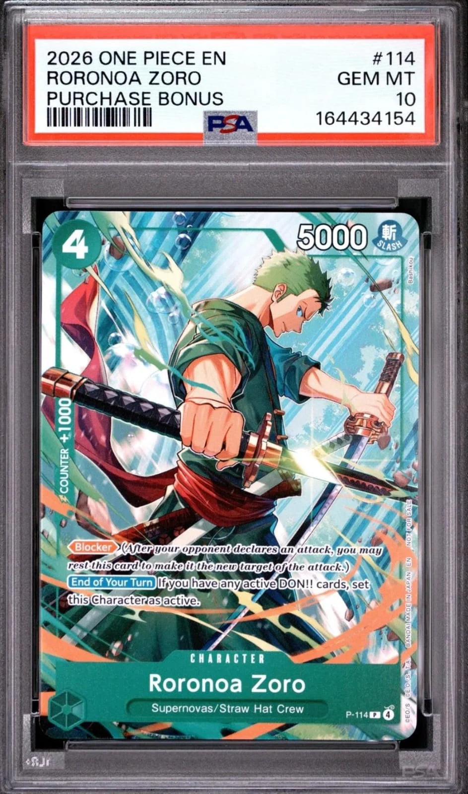 Roronoa Zoro - 2026 One Piece English Purchase Bonus Promo #114 PSA 10