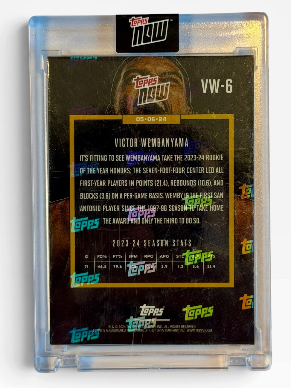 2023-24 Topps Now Victor Wembanyama Rookie of The Year