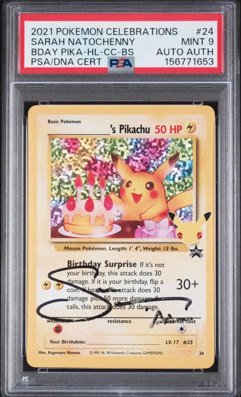 2021 Pokémon Celebrations #24 Birthday Pikachu, signed by Sarah Natochenny PSA9 Autograph authenticated by PSA/DNA.