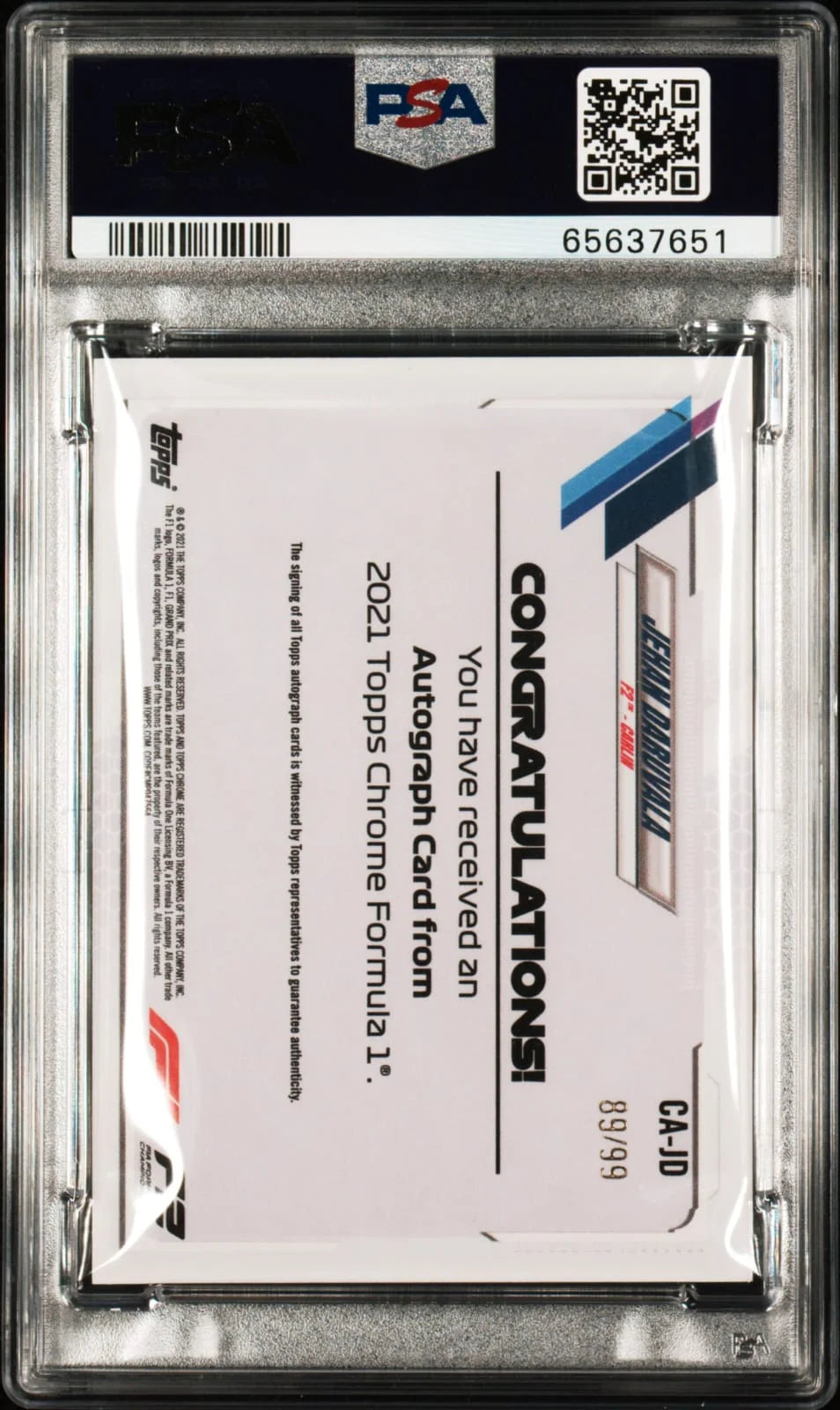 2021 Topps Chrome Formula 1 Jehan Daruvala Green Refractor Auto #CA-JD Serial-numbered 89/99 PSA10