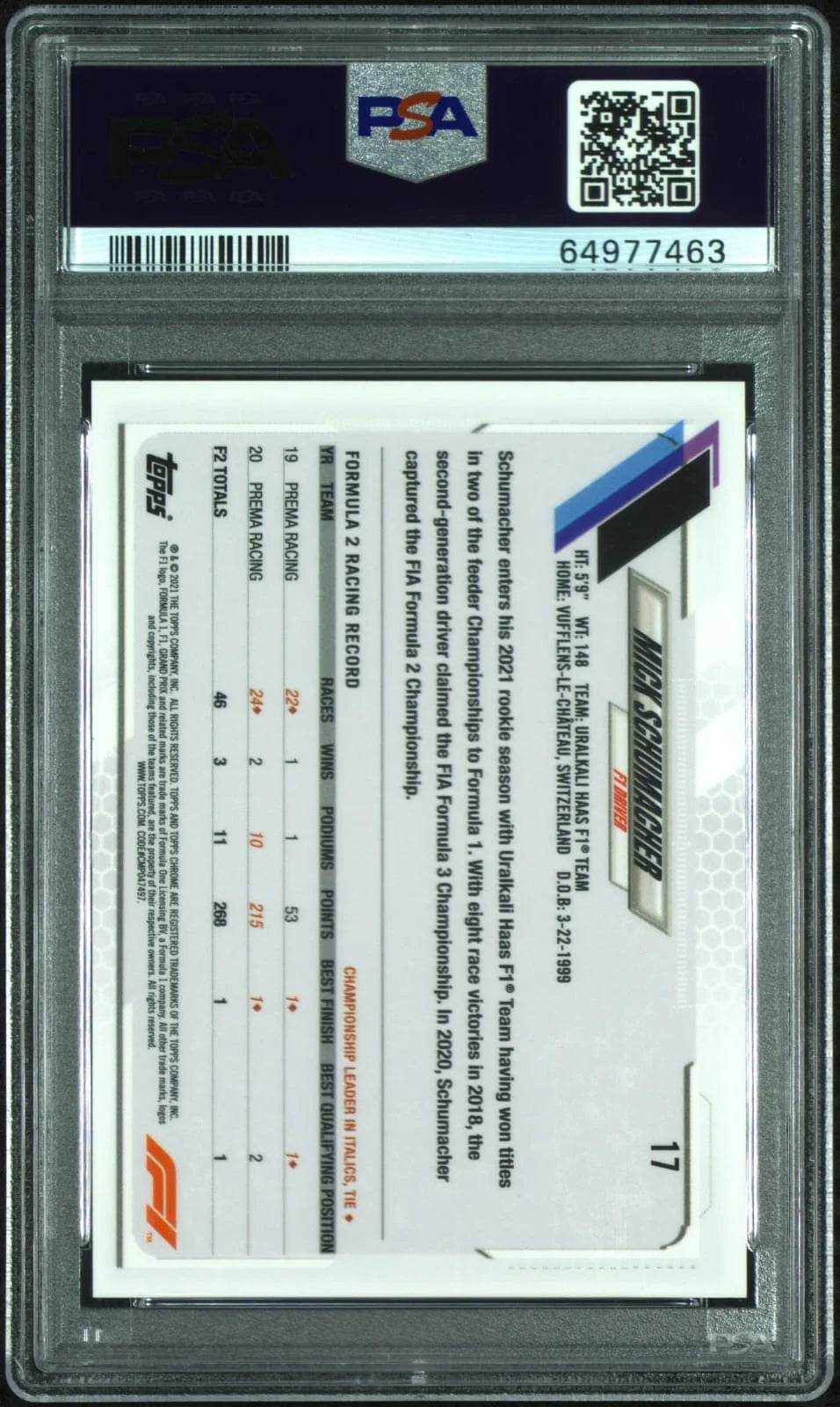 2021 Topps Chrome Formula 1 Mick Schumacher #17 Rookie Card PSA 10