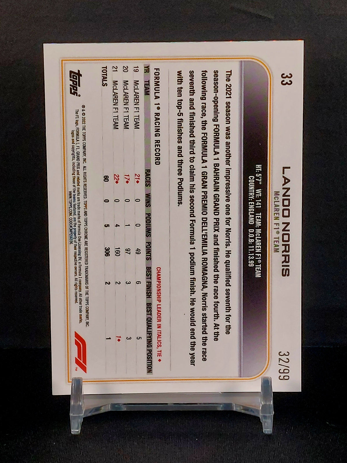 LANDO NORRIS (#/99) #33 - 2022 Topps Chrome F1, Green Raywave Refractor/99