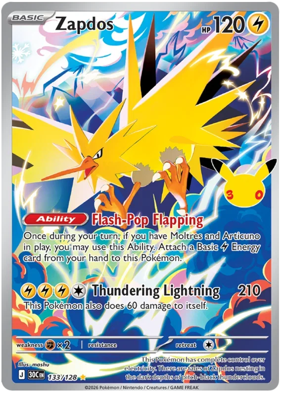Zapdos 30th Celebration Illustration Rare • 133/128 Holofoil