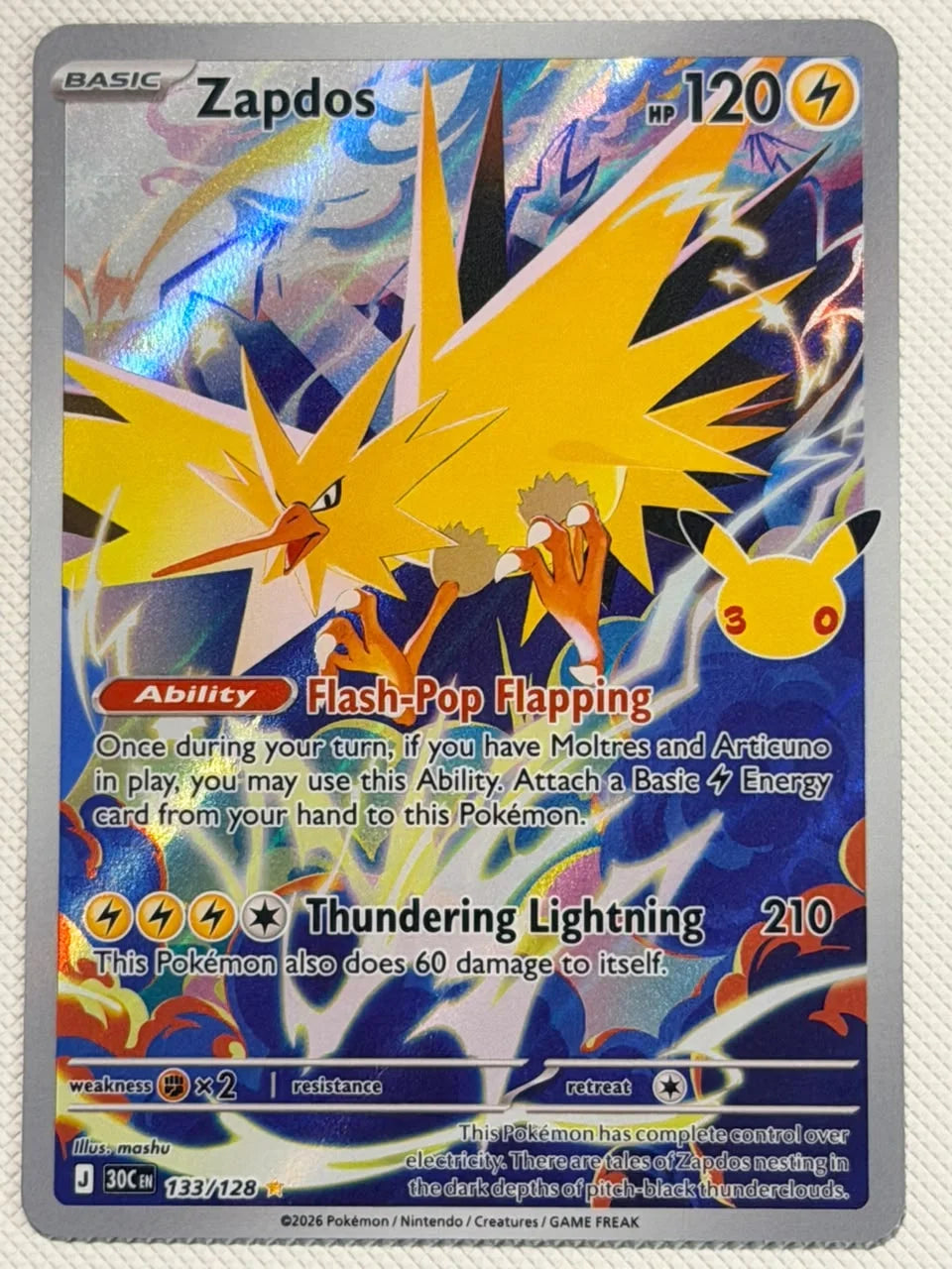 Zapdos 30th Celebration Illustration Rare • 133/128 Holofoil