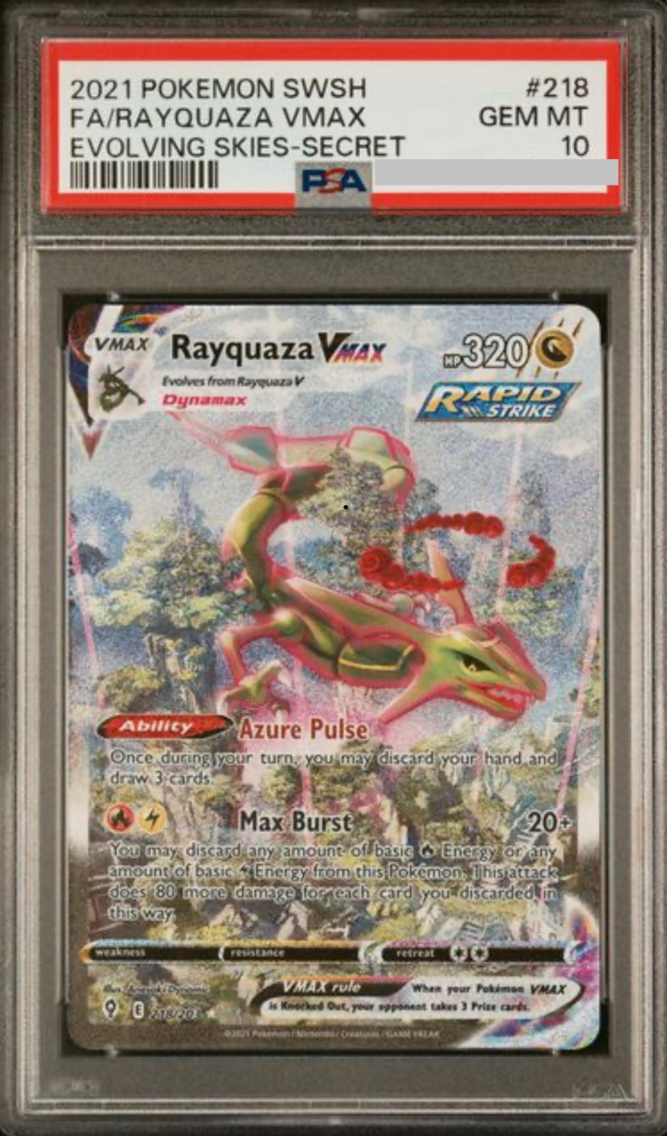 Rayquaza VMAX (Alternate Art Secret) 218/203 (Evolving Skies) — PSA 10