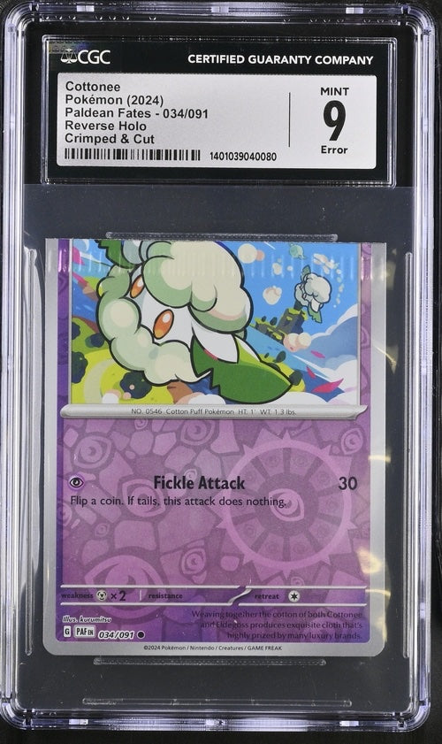 Cottonee Reverse Holo 1 OF 1 Crimped & Cut ERROR CGC 9 with smaller half