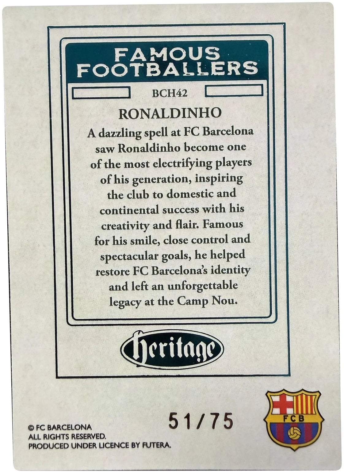 Ronaldinho Heritage Famous Footballers 51/75 – Futera Barcelona 25/26