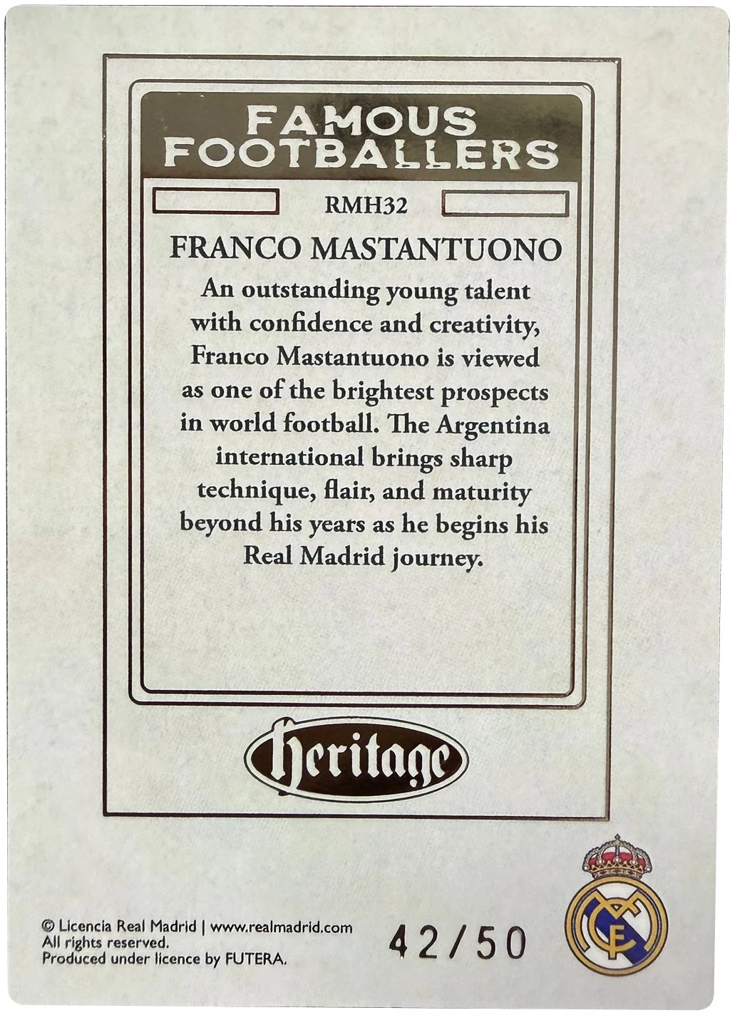 Franco Mastantuono Heritage Famous Footballers 42/50 – Futera Real Madrid 25/26