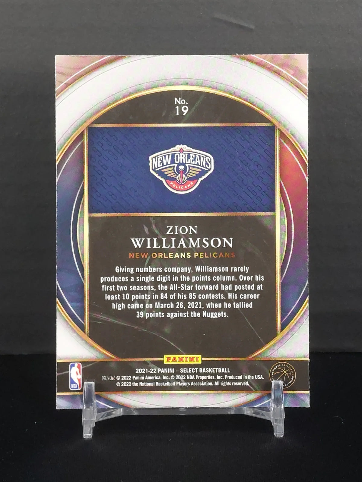 ZION WILLIAMSON #19 - Panini Select, Select Numbers
