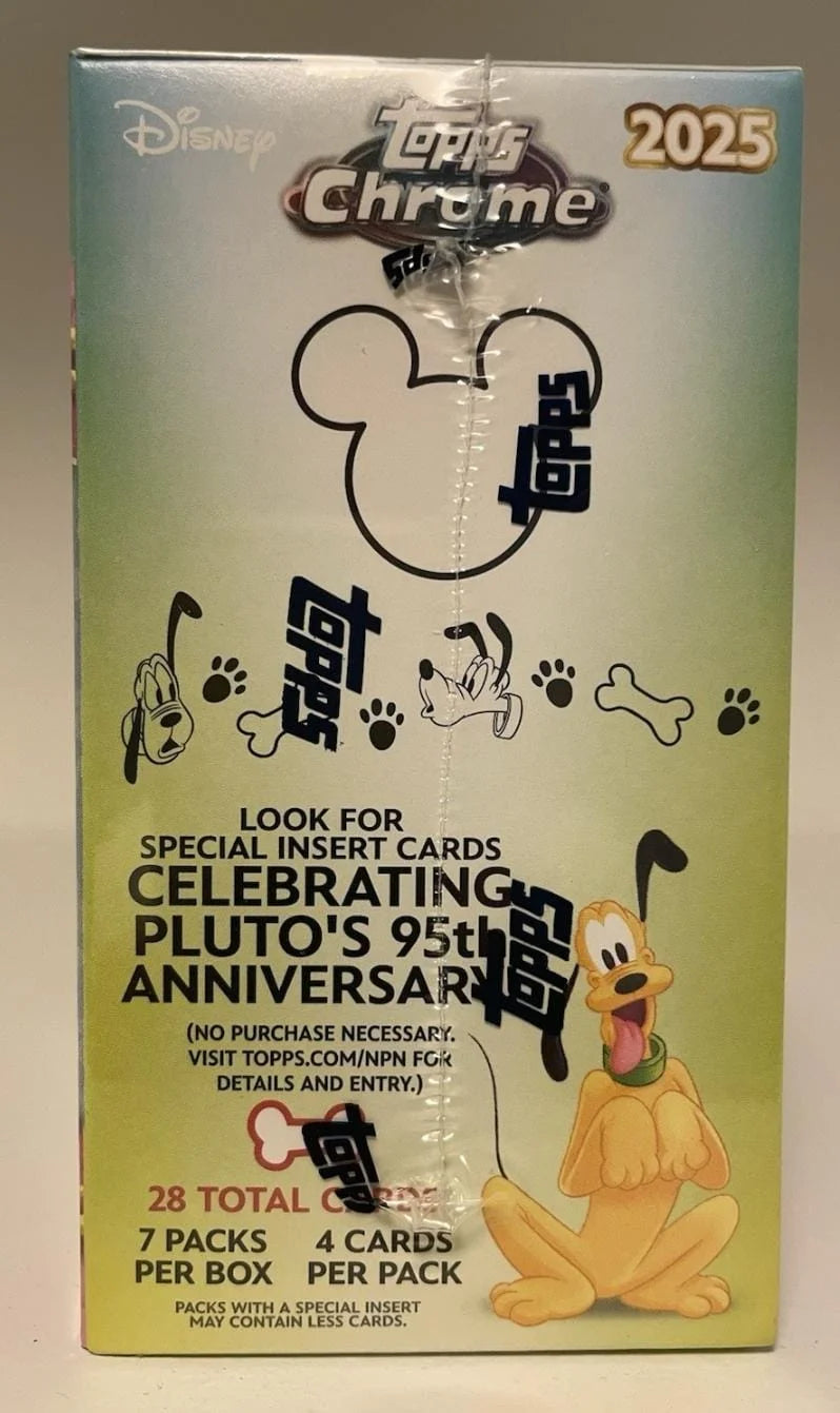 2025 Topps Chrome Disney Factory-Sealed Value Blaster Box. Includes 7 packs with 4 cards each, for 28 cards total