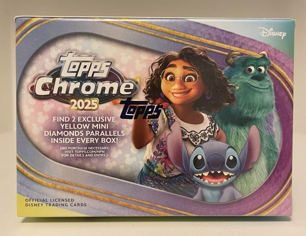 2025 Topps Chrome Disney Factory-Sealed Value Blaster Box. Includes 7 packs with 4 cards each, for 28 cards total
