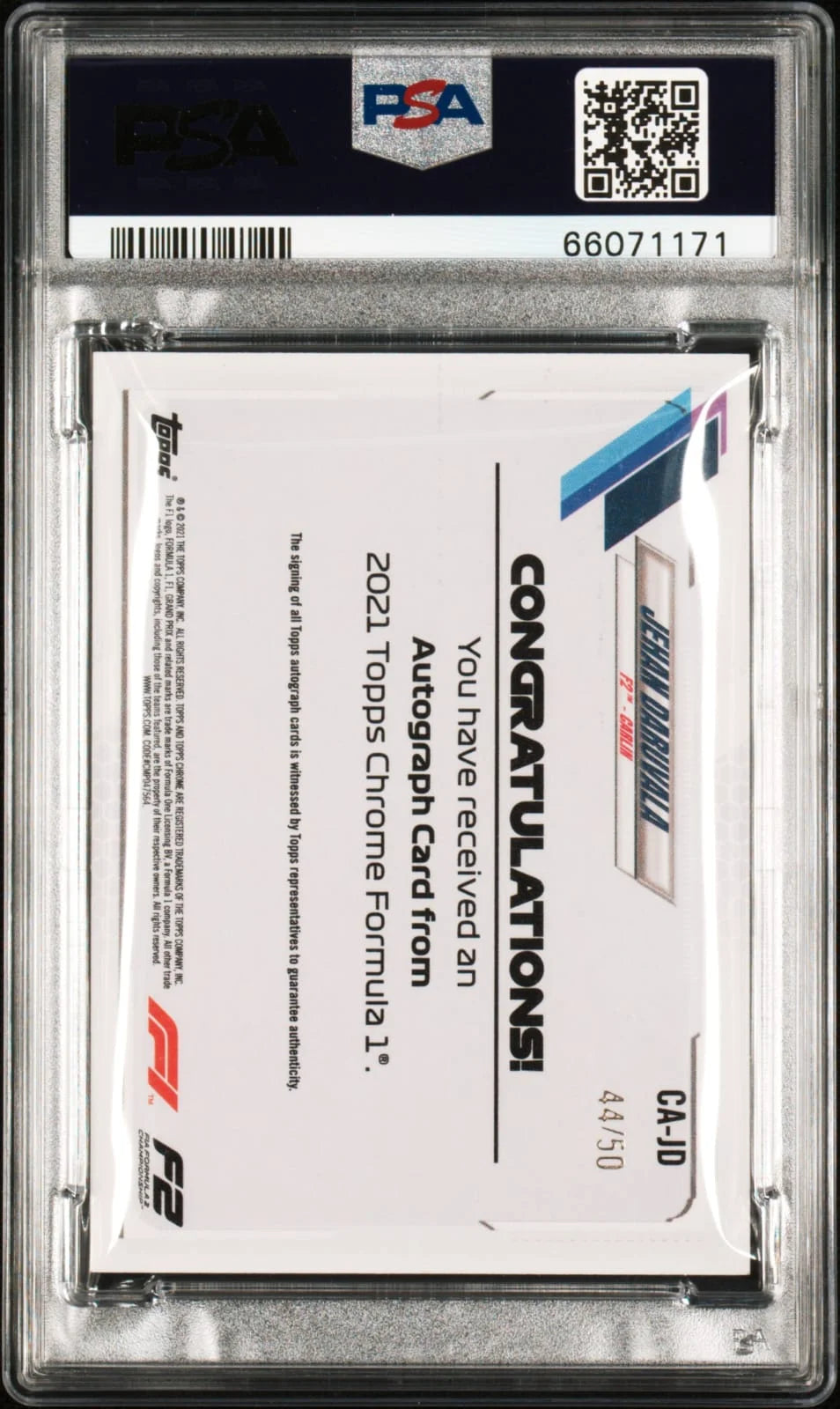 2021 Topps Chrome F1 Jehan Daruvala Gold Refractor Autograph, numbered 44/50 PSA 9 autograph graded 10