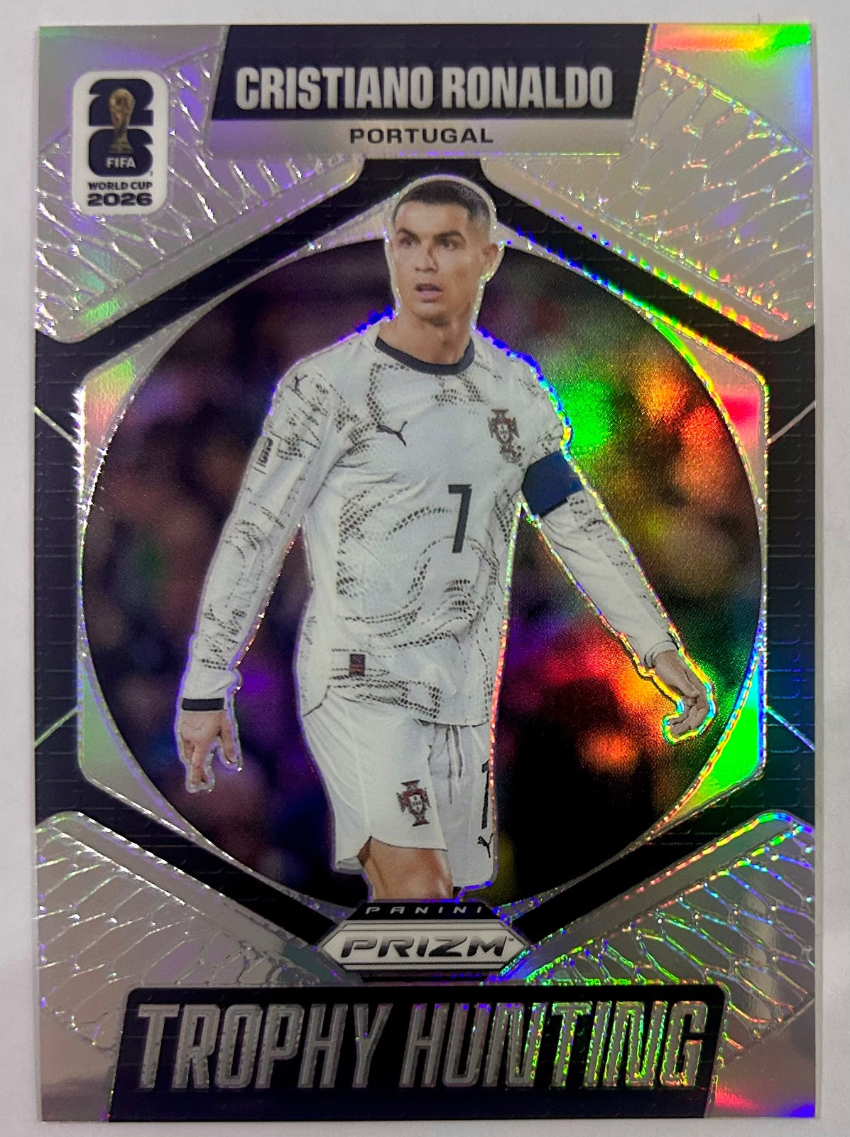 Critiano Ronaldo 2026 Panini Prizm FIFA World Cup Trophy Hunting Silver Prizm