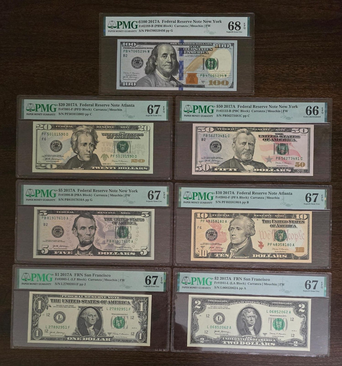 Full Set, USA from $1 to $100, 2017 PMG66-68