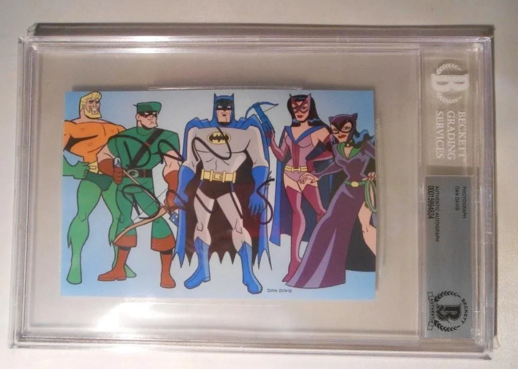 2004 DC Comics artwork featuring Batman, Aquaman, Green Arrow, Batgirl and Huntress. Signed by Dan Davis and authenticated by Beckett
