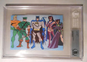 2004 DC Comics artwork featuring Batman, Aquaman, Green Arrow, Batgirl and Huntress. Signed by Dan Davis and authenticated by Beckett