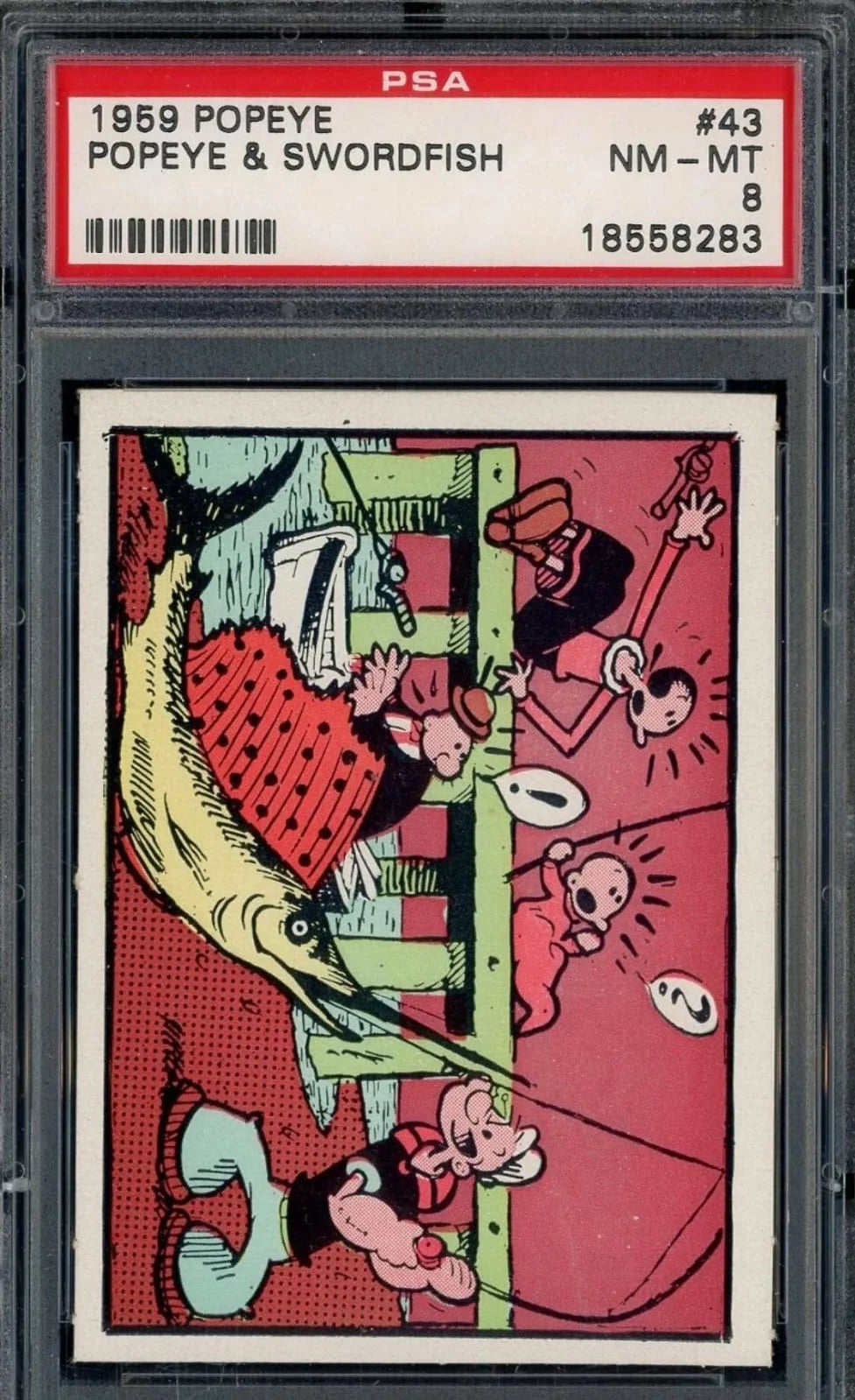 1959 Popeye trading card #43, “Popeye & Swordfish,” from the Ad-Trix series PSA 8