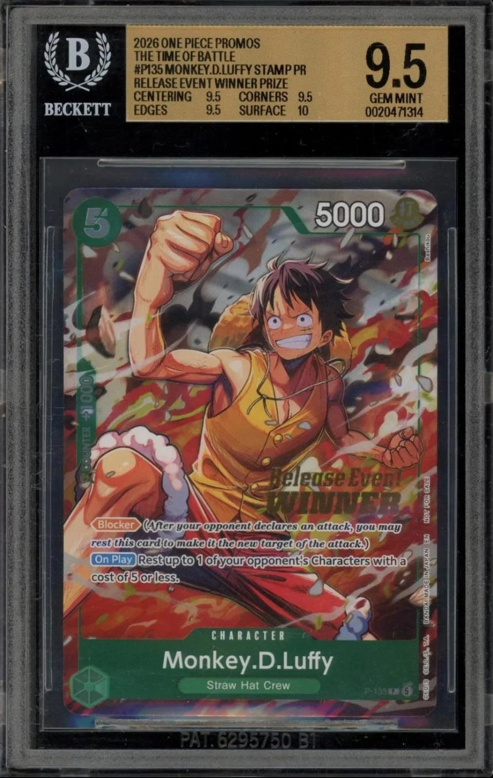 2026 One Piece “The Time of Battle” Promo, #P135 Monkey D. Luffy, Release Event Winner Prize Beckett 9.5