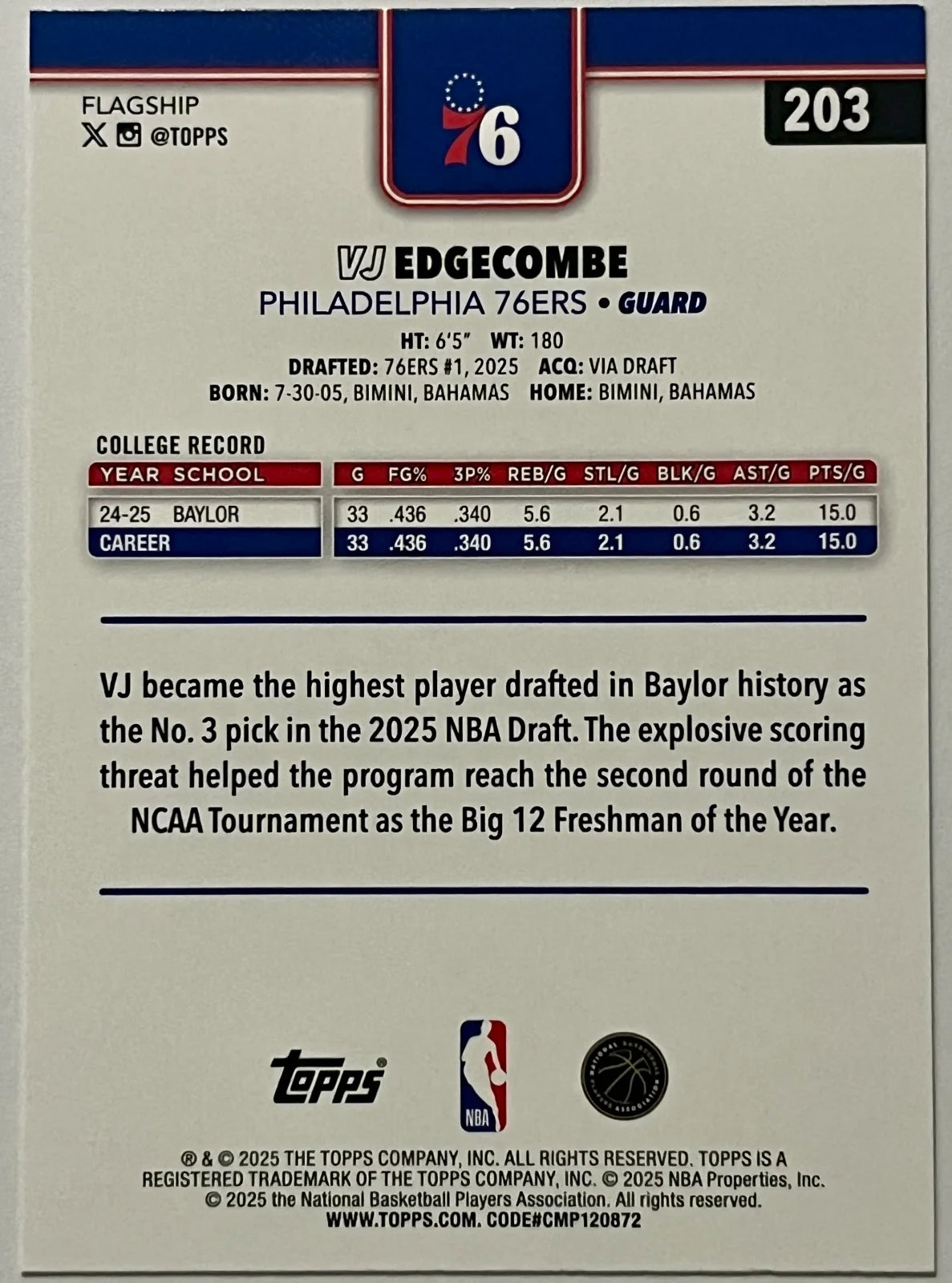 2025-26 Topps VJ Edgecombe #203 (RC)