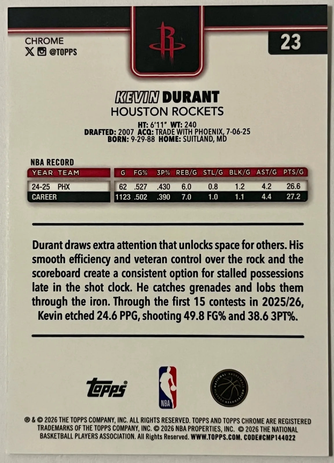 2025-26 Topps Chrome Update Series Kevin Durant #23 Refractor