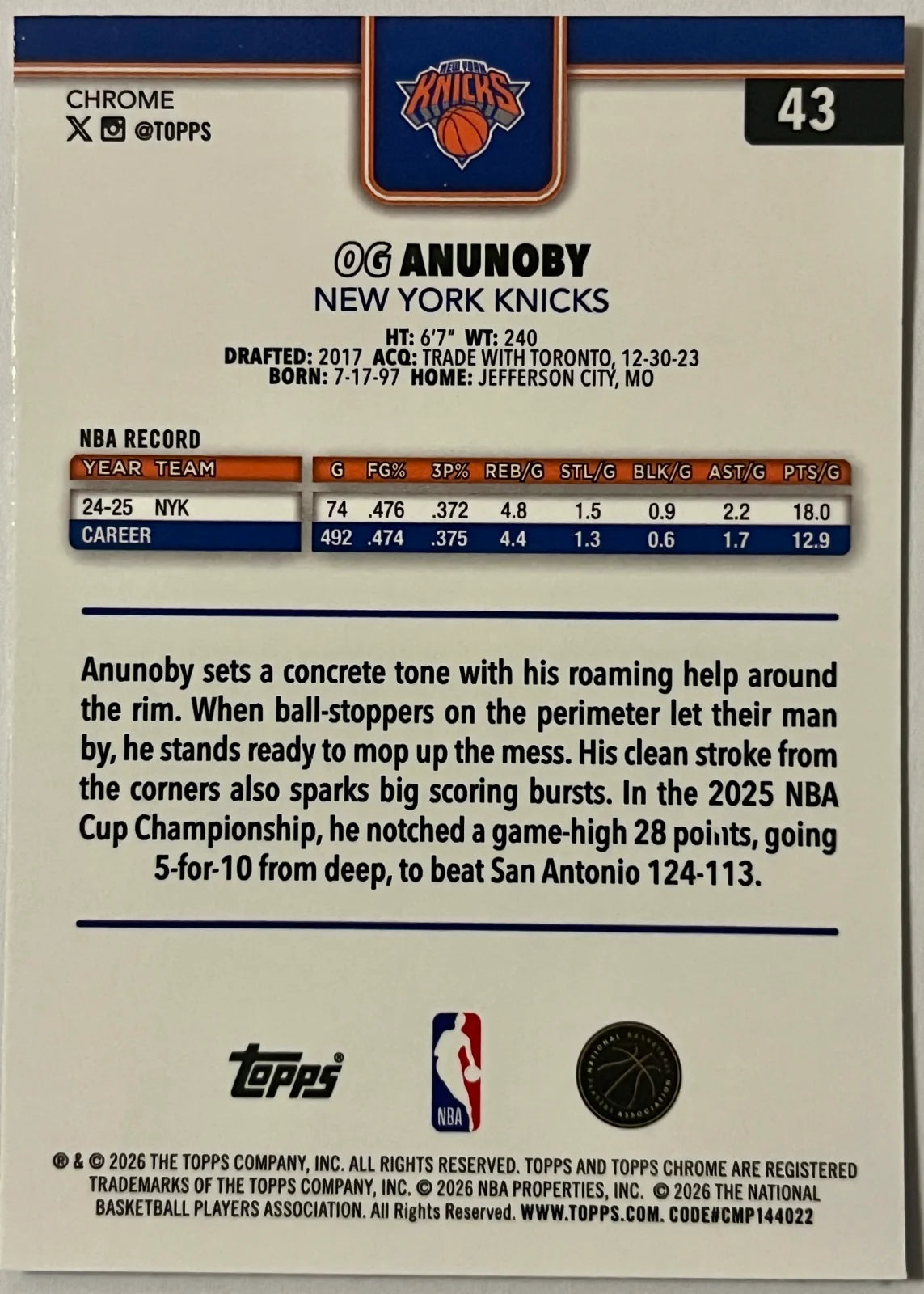 2025-26 Topps Chrome Update Series OG Anunoby #43 Red White & Blue Refractor RC