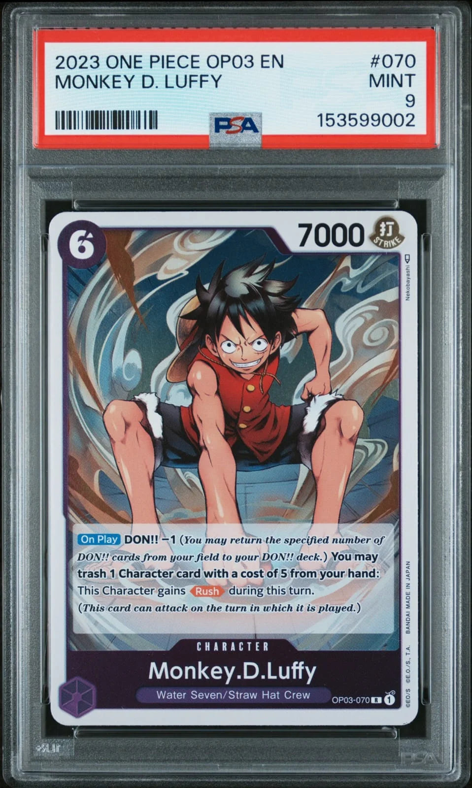 2023 One Piece OP03 English #070 Monkey D. Luffy, Water Seven/Straw Hat Crew. PSA 9