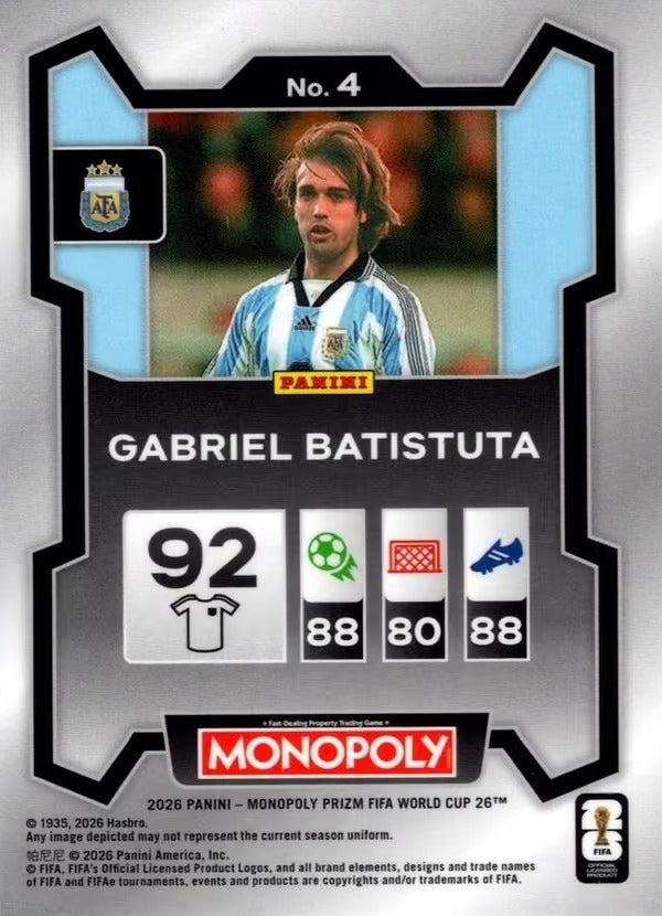 Panini Prizm Monopoly FIFA World Cup 2026 #4 Gabriel Batistuta Argentina Base