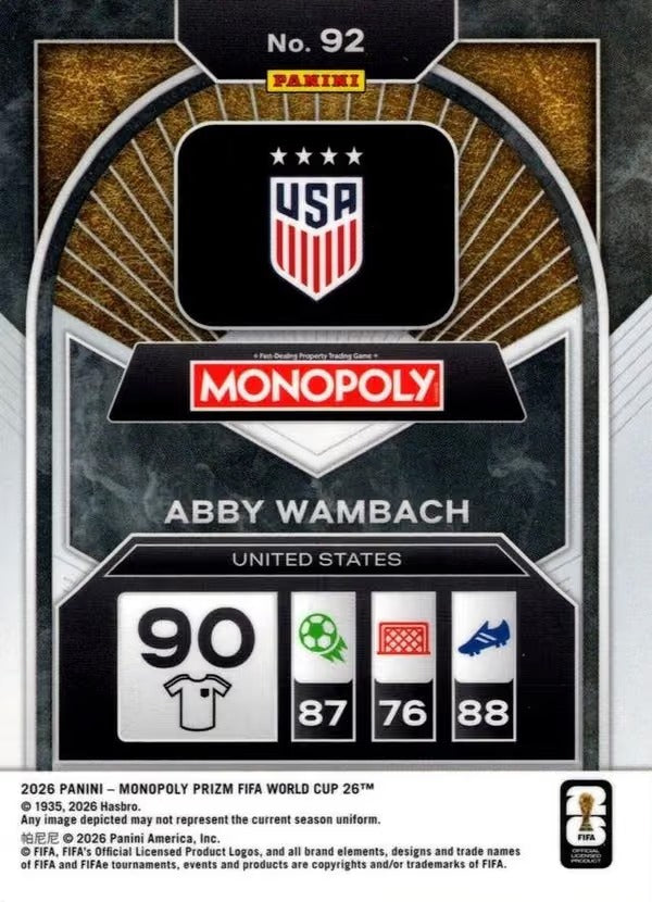 Panini Prizm Monopoly FIFA World Cup 2026 #92 Abby Wambach USA Base