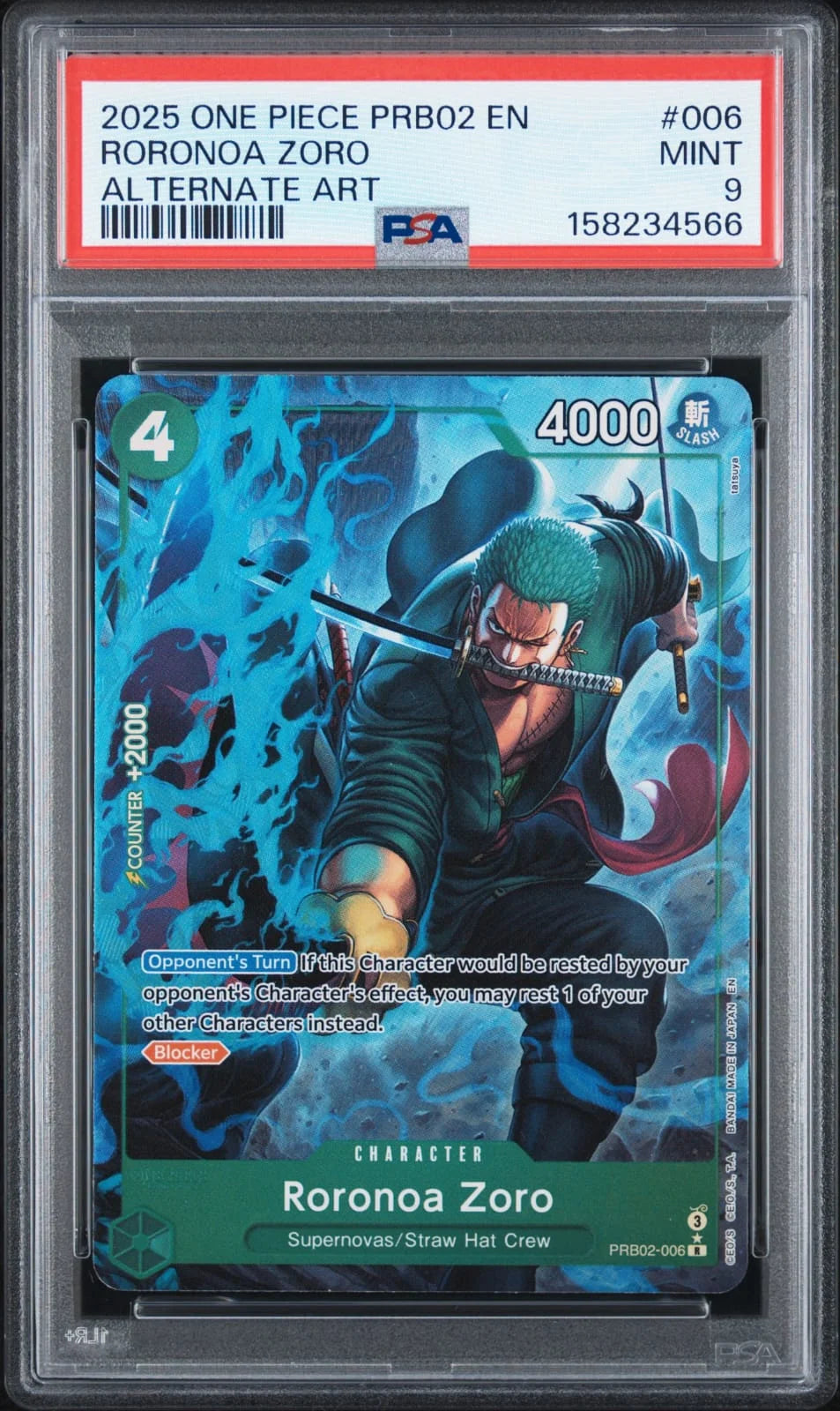 2025 One Piece PRB02 English #006 Roronoa Zoro - Alternate Art PSA 9