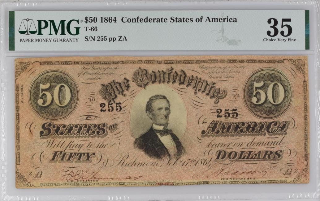 1864 Confederate States of America $50 banknote - T-66, serial 255. PMG 35