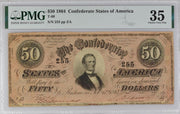 1864 Confederate States of America $50 banknote - T-66, serial 255. PMG 35