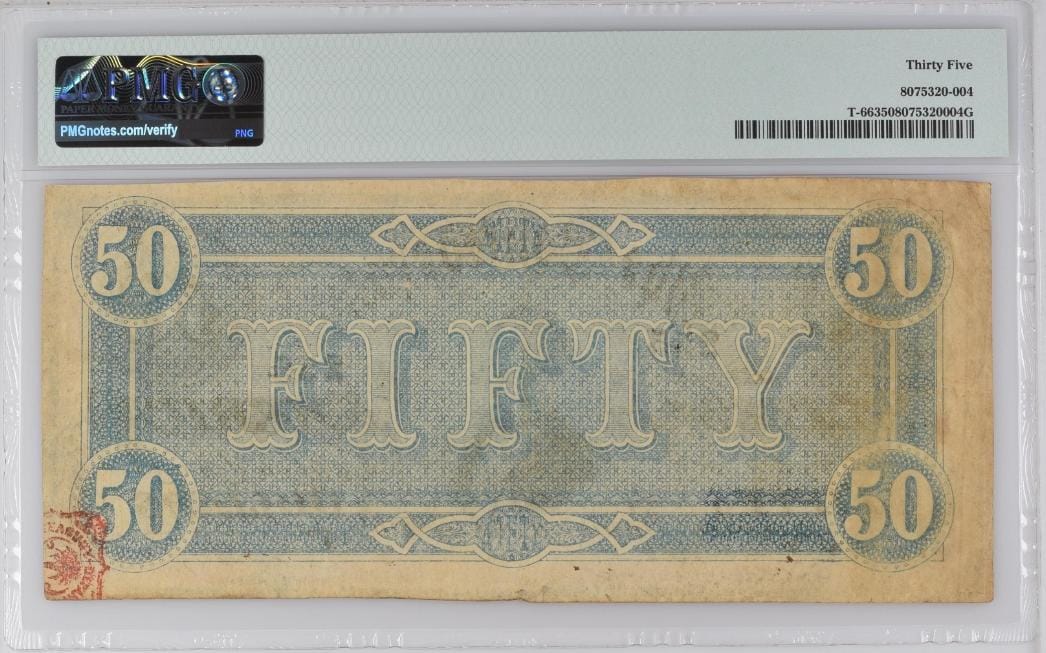 1864 Confederate States of America $50 banknote - T-66, serial 255. PMG 35