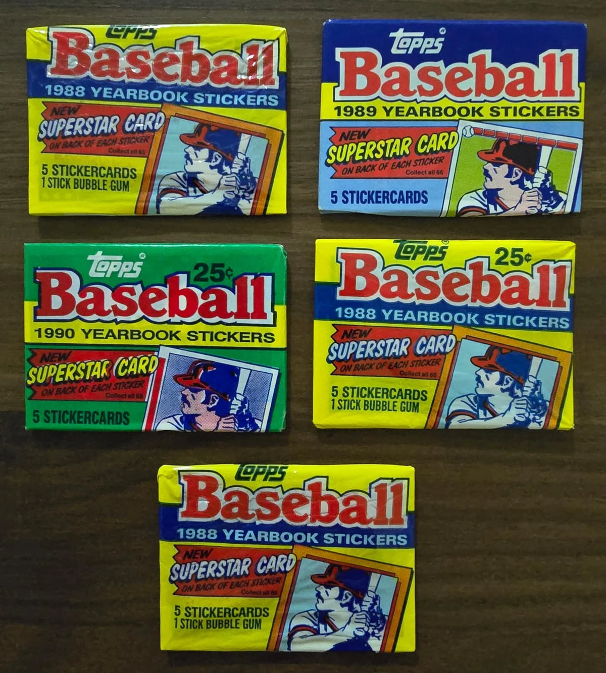 Vintage Topps Baseball Yearbook Sticker Pack Lot - 5 packs: three from 1988, one from 1989 and one from 1990