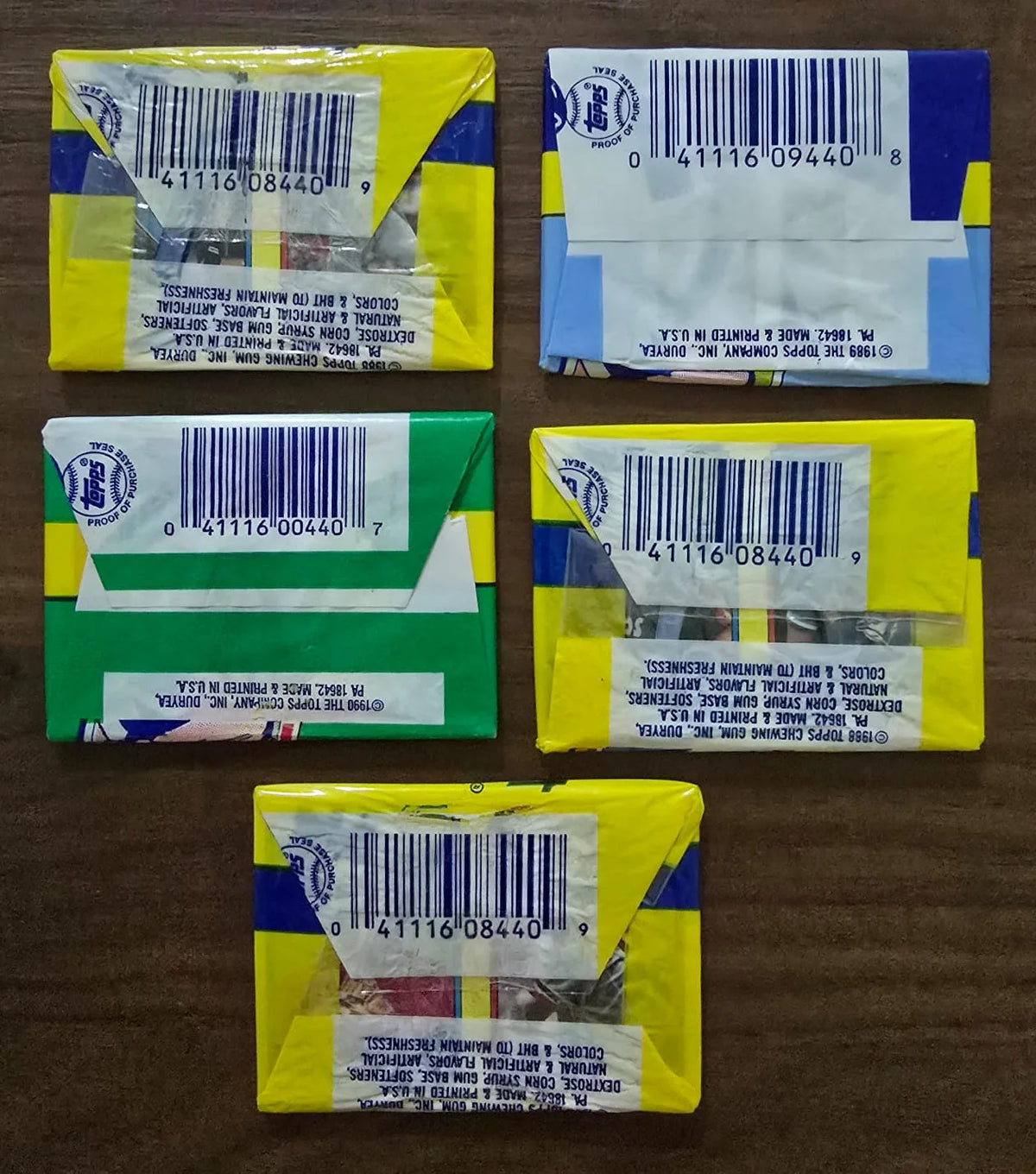 Vintage Topps Baseball Yearbook Sticker Pack Lot - 5 packs: three from 1988, one from 1989 and one from 1990
