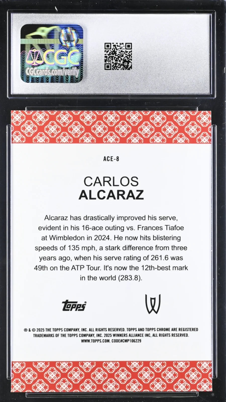 *Rare* Carlos Alcaraz, Chrome, Topps, ACE-8, CGC 10