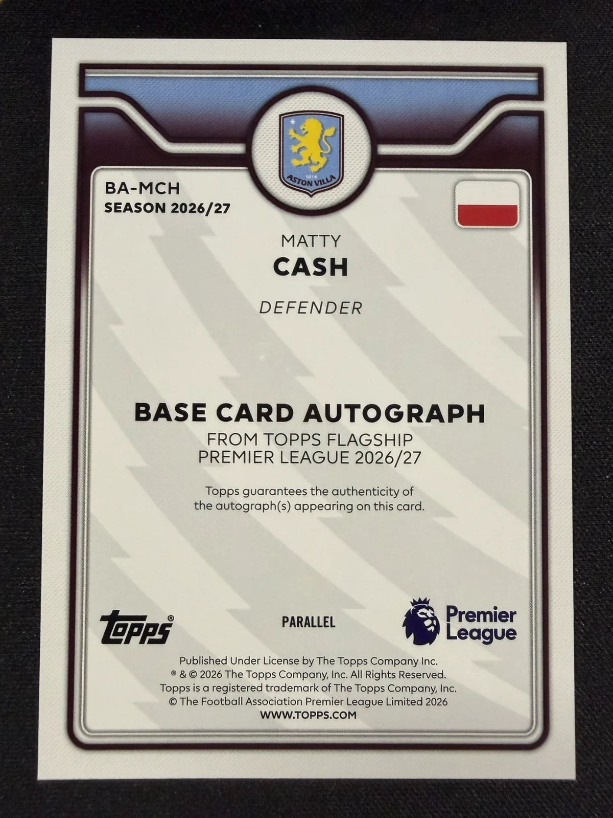 Matty Cash Base Auto Green 90/99 – Topps Premier League Flagship 26/27