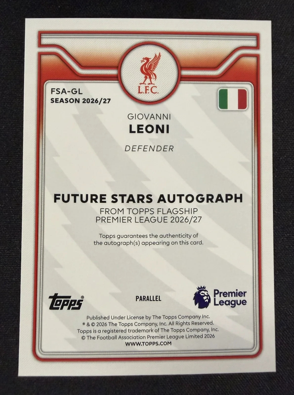 Giovanni Leoni Future Stars Auto Blue 040/150 – Topps Premier League Flagship 26/27