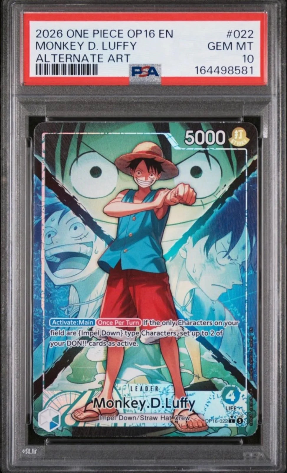 2026 One Piece OP16-022 Monkey D. Luffy Alternate Art Leader. PSA 10