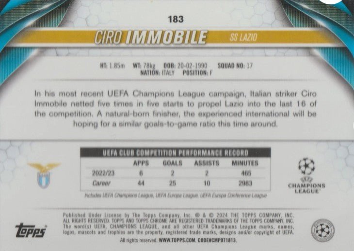 2023-24 CHROME 021/150 CIRO IMMOBILE LAZIO by Cards Corner on MYNTED