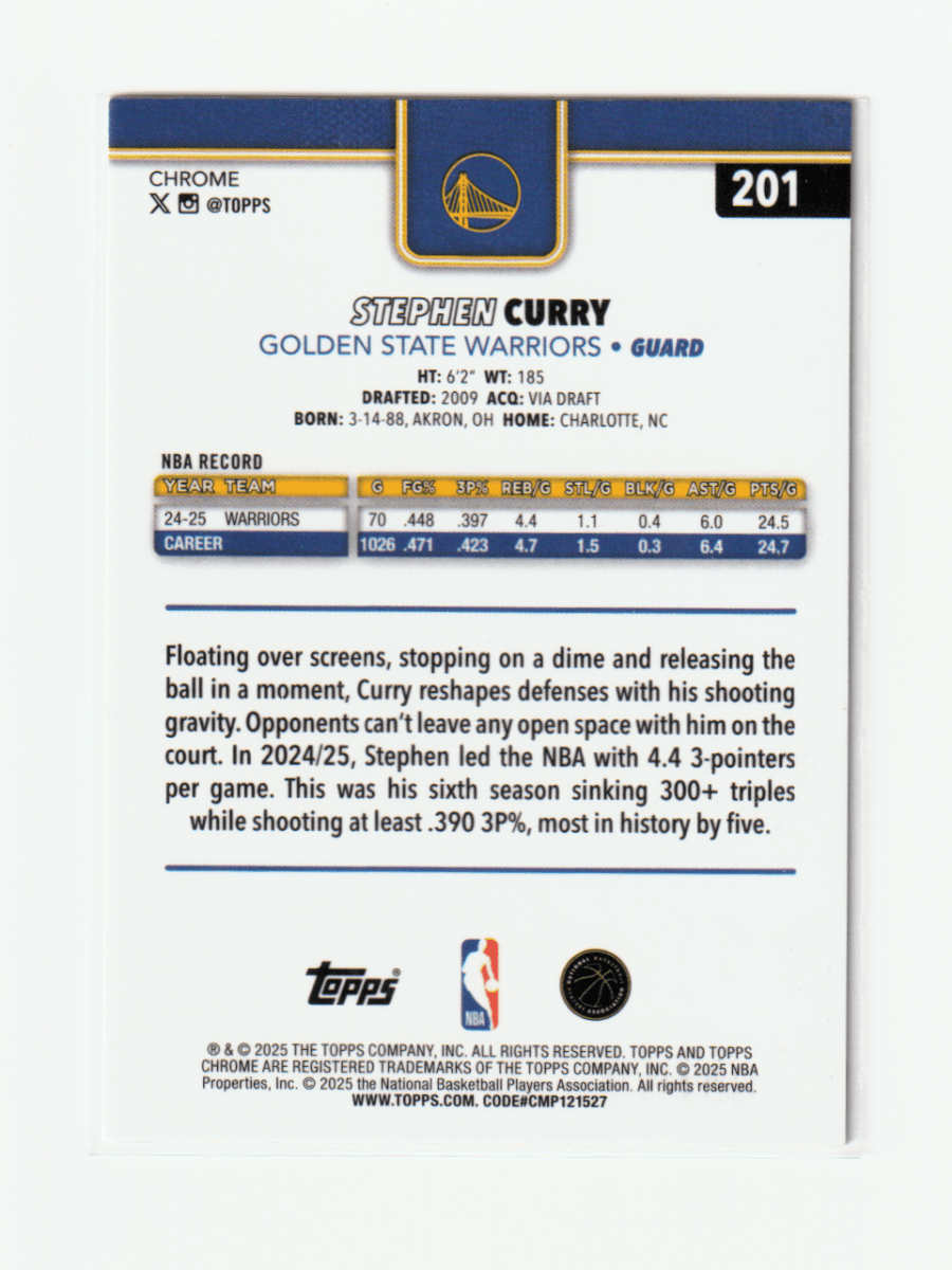2025 - 26 TOPPS CHROME STEPHEN CURRY XFRACTOR by Fabio’s Black Box on MYNTED