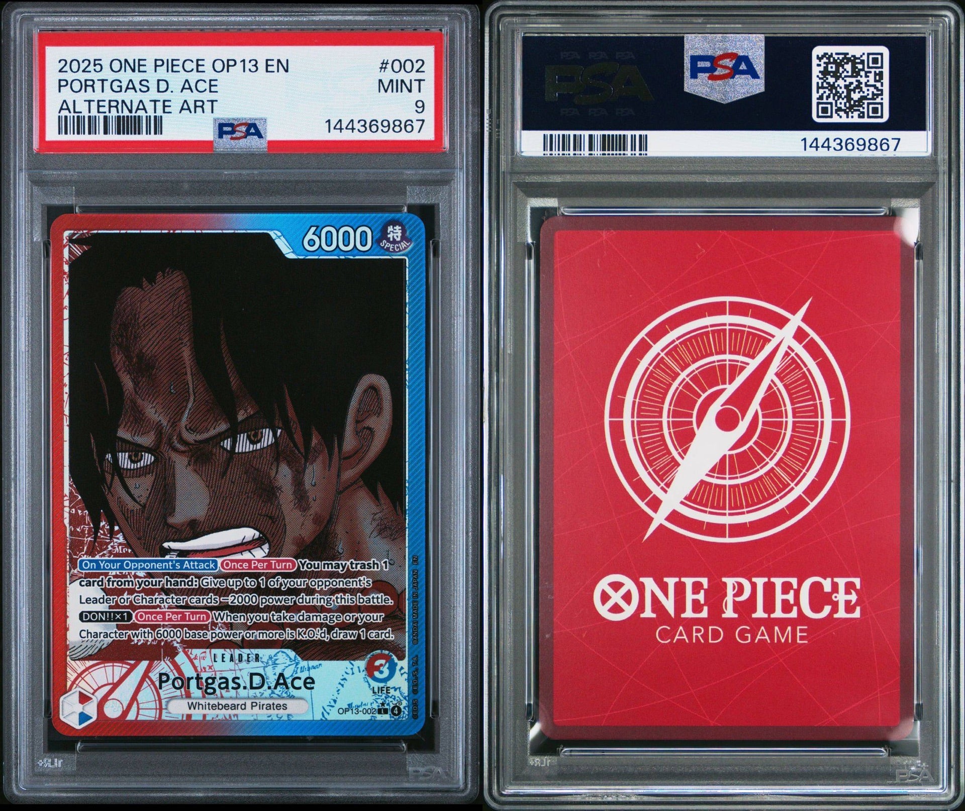 2025 One Piece OP13 - #002 Portgas D. Ace Alternate Art - PSA 9
