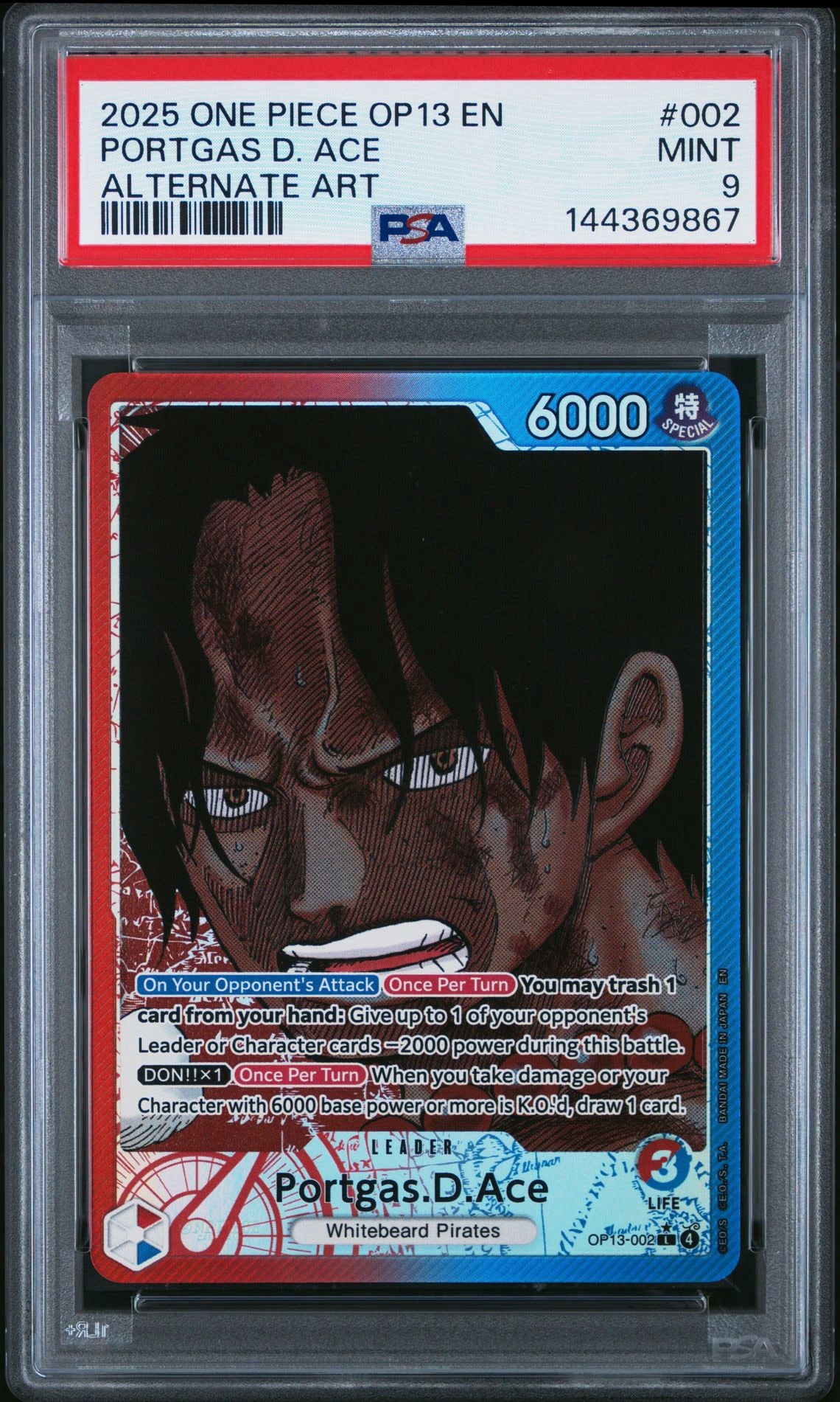 2025 One Piece OP13 - #002 Portgas D. Ace Alternate Art - PSA 9