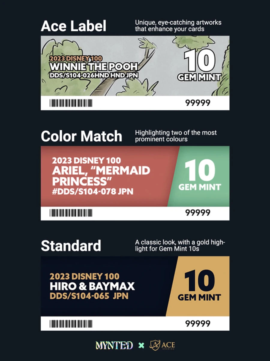 Compare Ace Grading label types at MYNTED: Choose between Bespoke Ace Labels, Color Match designs, or the classic Standard label for your Pokémon and Sports cards in the UAE.