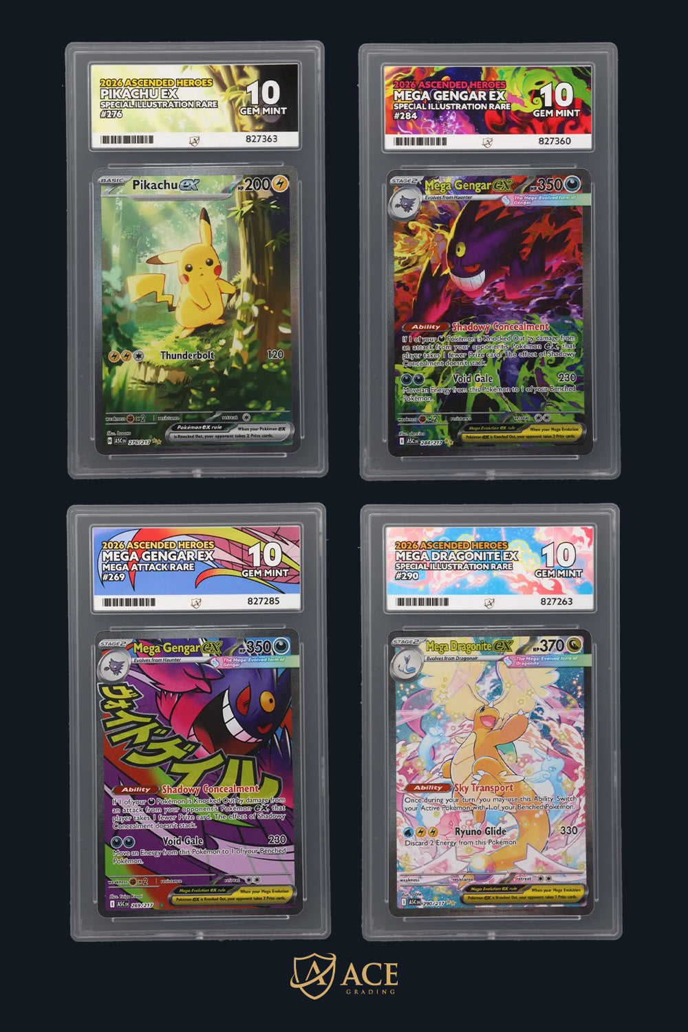 Ace Grading crystal clear slab with hand-drawn Ace Label featuring a high-value Pokémon chase card.